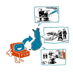 Piirroskuva Palosuojelurahasto-hahmosta, joka jakaa avustuksia ympäri Suomen