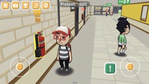 Virpa Palomestari. Kuva uudesta ilmaisesta mobiili-oppimispelistä. Kuvassa on kaksi pelaajaa, jotka kulkevat todellisuuden ja vr-maailman muodostamassa rakennuksessa pelaten oppimispeliä.