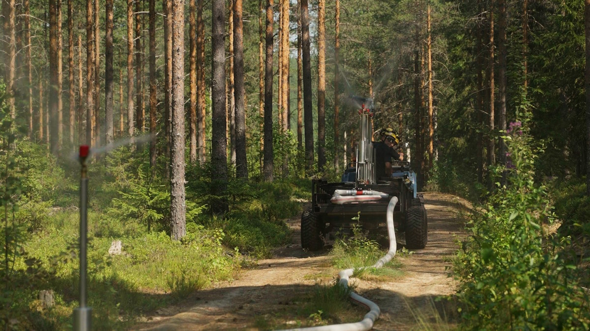 Paineistetut letkut tippuvat maastoajoneuvolla vedettävästä peräkärrystä metsässä. Maahan on levitetty letku ja yksi sprinkleri on noussut jo pystyyn. Loppuletku ja sprinklerit ovat vielä kärryn kyydissä.